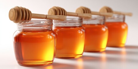 Four Honey Jars with Wooden Dippers on White Background
