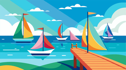 Naklejka premium Colorful sailboats dot the picturesque ocean adding pops of color to the already stunning view from the coastal boardwalk.