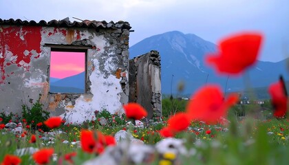 Abandoned building reflects sunset amidst a field of vibrant red poppy flowers