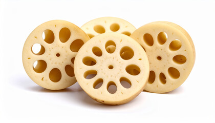 Sliced lotus root with distinctive holes, arranged on a clean white surface