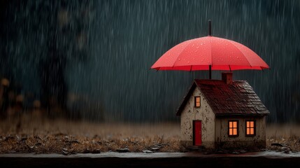 House sheltered by red umbrella in rainy weather