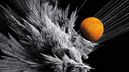 Cosmic Scene Textured White-Gray Celestial Formation Orange Body Light Streaks Black Background