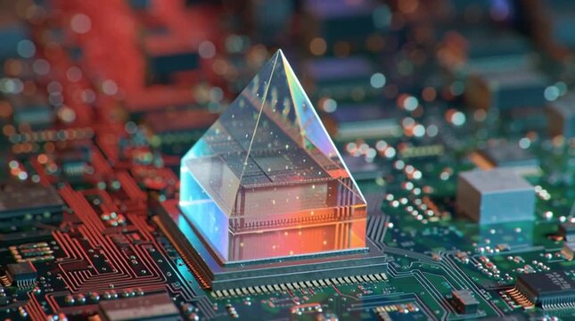 A reflective pyramid sitting atop a complex circuit board with blurred background elements visible