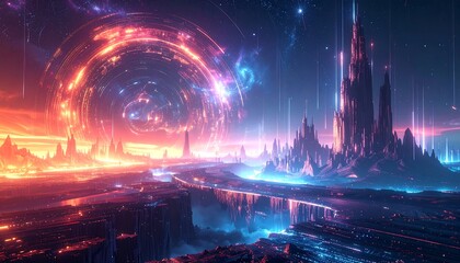 Obraz premium Cosmic city, vibrant portal