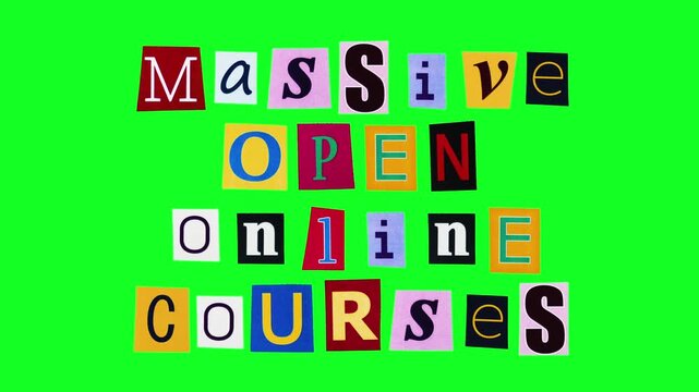Massive open online courses headline made of colorful stickers in form of collage filmed on alpha channel. Loop stop motion animation with the title about educational interactive courses in cyberspace