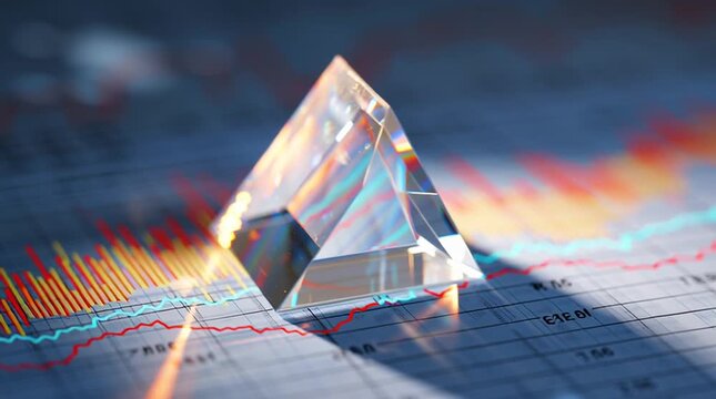 A clear prism sits atop a financial chart with red and blue lines on a grid background table