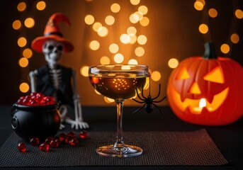 Obraz premium Halloween cocktail with spooky decorations, including a skeleton, pumpkin, spider, and candy, set against a bokeh background