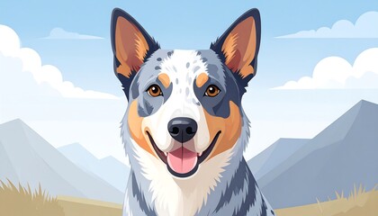 Happy dog portrait, mountains background