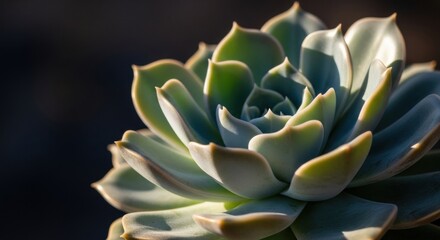 Obraz premium Close-up of green echeveria succulent with sunlit leaves