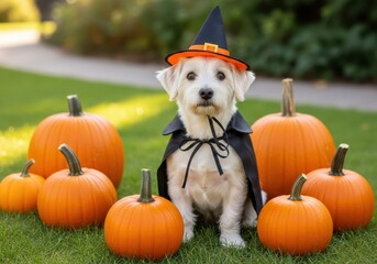 Cute white dog wearing a witch hat and cape sits among pumpkins for halloween