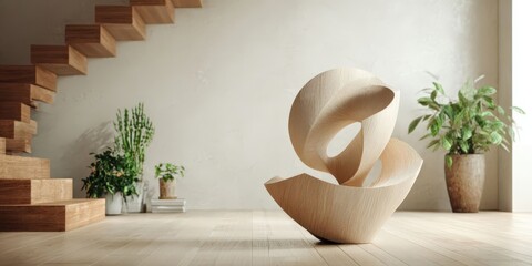 Modern Interior with Beige Wooden Abstract Sculpture as Decor