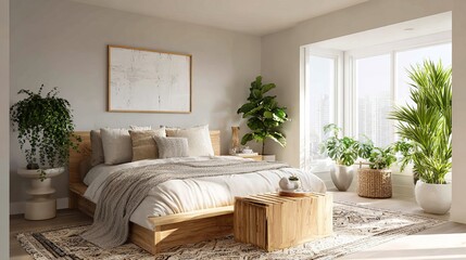 Serene bedroom sanctuary featuring natural light, cozy bedding, and vibrant greenery for a relaxing atmosphere.