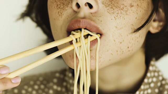 Close-up of an Asian woman with freckles eating noodles, holding chopsticks, with intense eye makeup and a white background