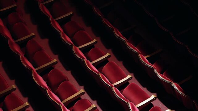 Aerial shot of empty theater rows with deep red velvet seats, creating a moody atmosphere of silence and anticipation in cinematic style