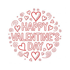 Cute doodle-style &ldquo;Happy Valentine&rsquo;s Day&rdquo; with hearts and swirls in red, white background.