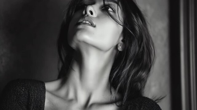 A black and white portrait of a beautiful Indian girl with long straight hair, wearing a v-neck top, gazing slightly to her right