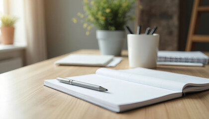 Office desk with open notebook and pen alongside stationery items