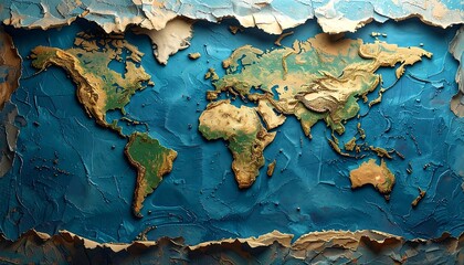 World map, textured, crumpled paper