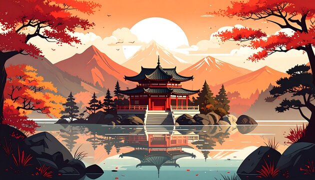 Autumnal Asian landscape with serene temple