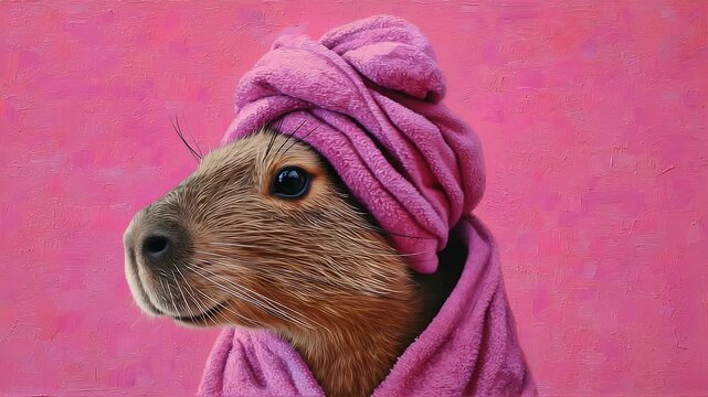 A cute capybara holds a towel, wearing a large head towel against a vivid pink background in an oil painting