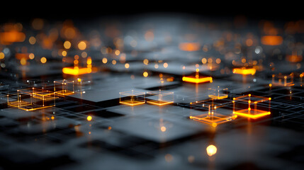 Complex data flow visualized with glowing squares an grid lines, creating an astract representation of cber security and data protction in the digital age