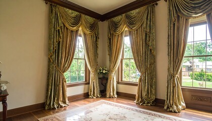 An elegant room corner with beautiful patterned curtains and windows views