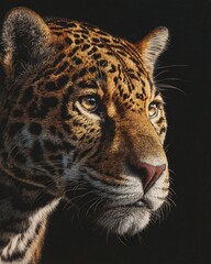 Detailed close up portrait of jaguar with golden fur rosette markings and piercing gaze in realism