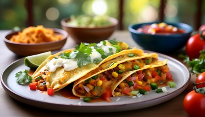 new mexican flat enchiladas with vegetable chunks and blurred background