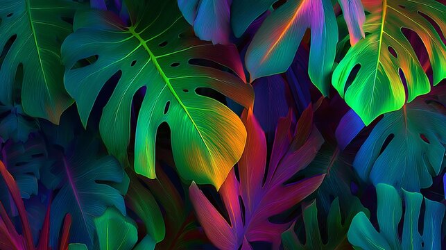 Vibrant Monstera Deliciosa leaves showcase tropical exuberance and nature's beauty with neon colors creating an artistic backdrop.