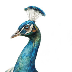 Naklejka premium Stunning peacock profile showcases vibrant blue and green plumage and elegant crest, perfect for nature themes 