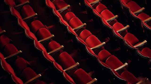 Aerial shot of empty theater rows with deep red velvet seats, creating a moody atmosphere of silence and anticipation in cinematic style