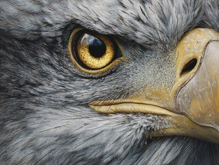 Hyper detailed close up of bald eagle with yellow eyes and hooked beak feathers captured in stunning realism