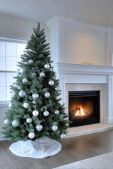beautifully decorated christmas tree adorned solely with transparent ornaments stands elegantly near cozy fireplace