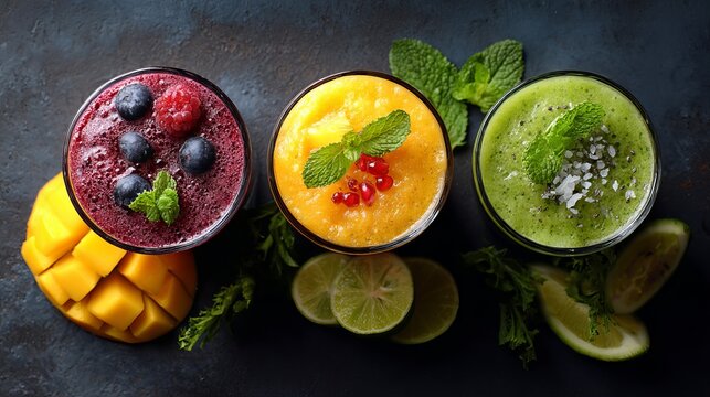 Colorful smoothie drinks with fruit, berries, and herbs on dark table, healthy lifestyle and nutrition concept - Powered by Adobe