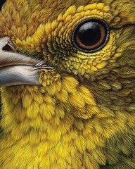 Hyper detailed close up of canary face with yellow feathers and sharp eye details in lifelike realism