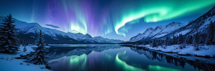 Ethereal Northern Lights over snow-covered mountain lake in panoramic style in vibrant green and purple hues representing natural wonder and winter serenity