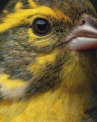 Hyper detailed close up of canary face with yellow feathers and sharp eye details in lifelike realism