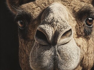Hyper detailed close up of camel face with sandy fur nostrils and expressive eyes captured in realism