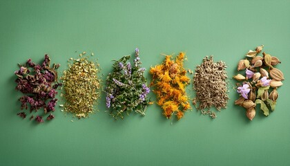generative ai image of assorted dried herbs lined up on green background representing alternative herbal medicine and natural remedies