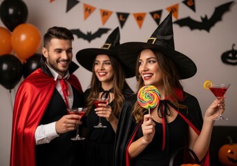 Three friends in halloween costumes celebrating with drinks and candy, enjoying a spooky party atmosphere with decorations
