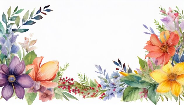 watercolor paint of floral boarder frame isolated on white background