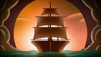 Fototapeta na wymiar Vintage Sailing Ship at Sunset Ocean Scene Illustration