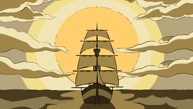 Fototapeta Silhouette of a Tall Ship Sailing at Night Under a Large Moon