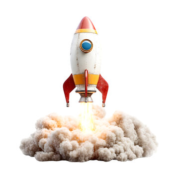 Retro style cartoon rocket ship blasting off with fiery exhaust and smoke isolated on transparent background
