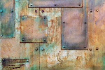 Abstract industrial background of rusty metal plates with bolts and textured surface. Concept of grunge design, urban texture, industrial construction background, copy space