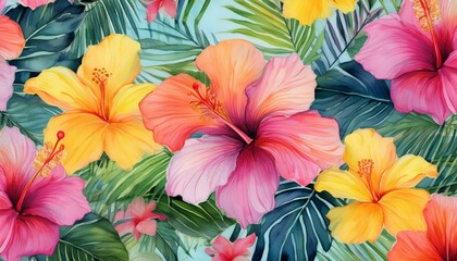 a vibrant watercolor floral pattern featuring pink and yellow hibiscus flowers amidst lush green foliage