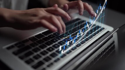 A close-up of a person hands typing on a laptop keyboard with a financial growth graph overlay, representing progress, data analytics, and modern business technology. Copula - Powered by Adobe