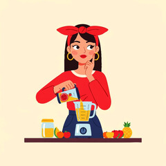 Woman making a healthy smoothie with fresh fruits in a blender.