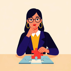 Woman thoughtfully placing puzzle piece in business strategy.
