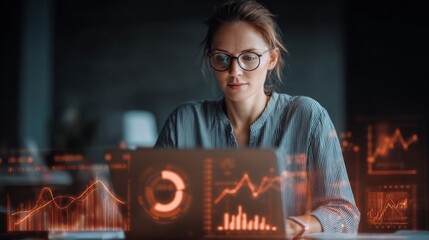 Female scientist working with futuristic digital interface filled with holographic data analytics modern laboratory environment symbolizing research healthcare innovation and science discovery